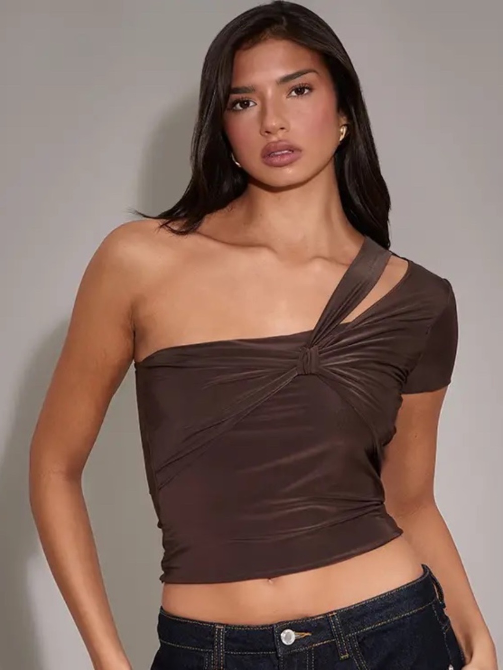 Pretty Little Thing Slinky Bust Detail One Shoulder Top - Chocolate Brown